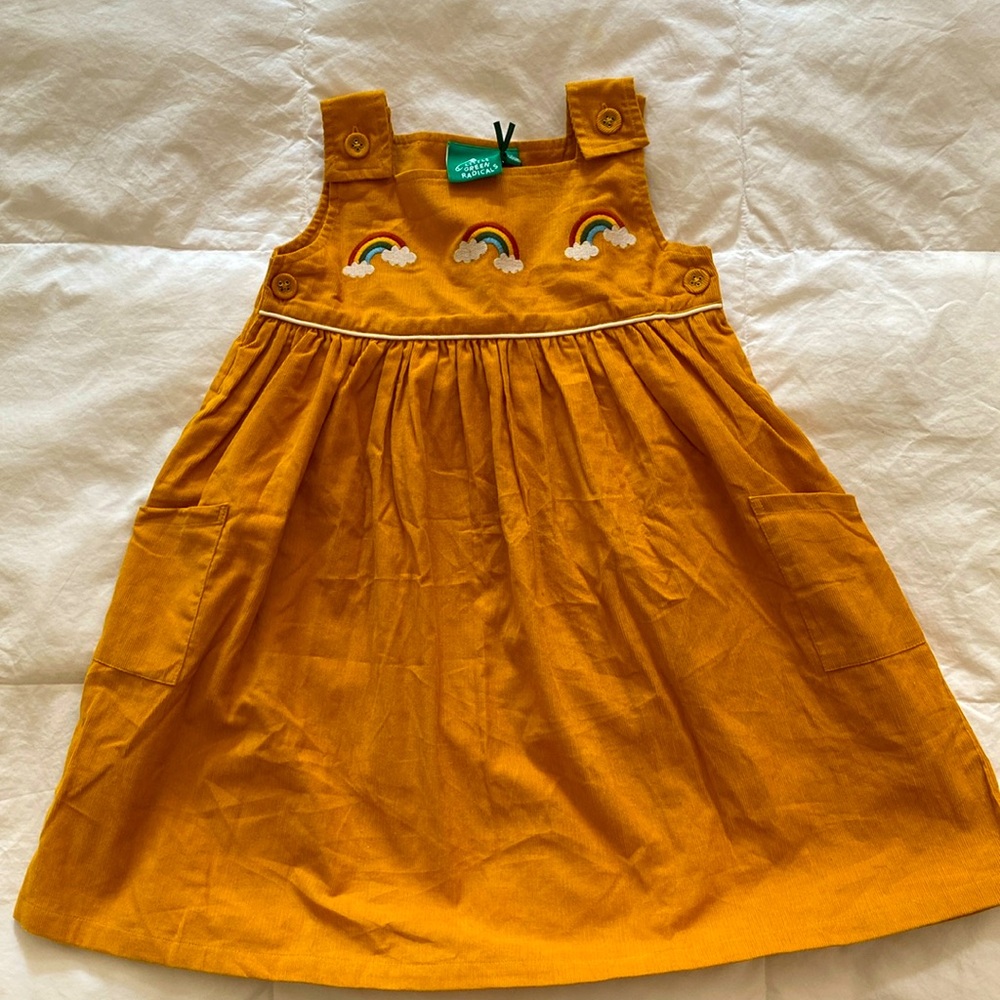 NWT Little Green Radicals yellow corduroy pinny dress 2-3T